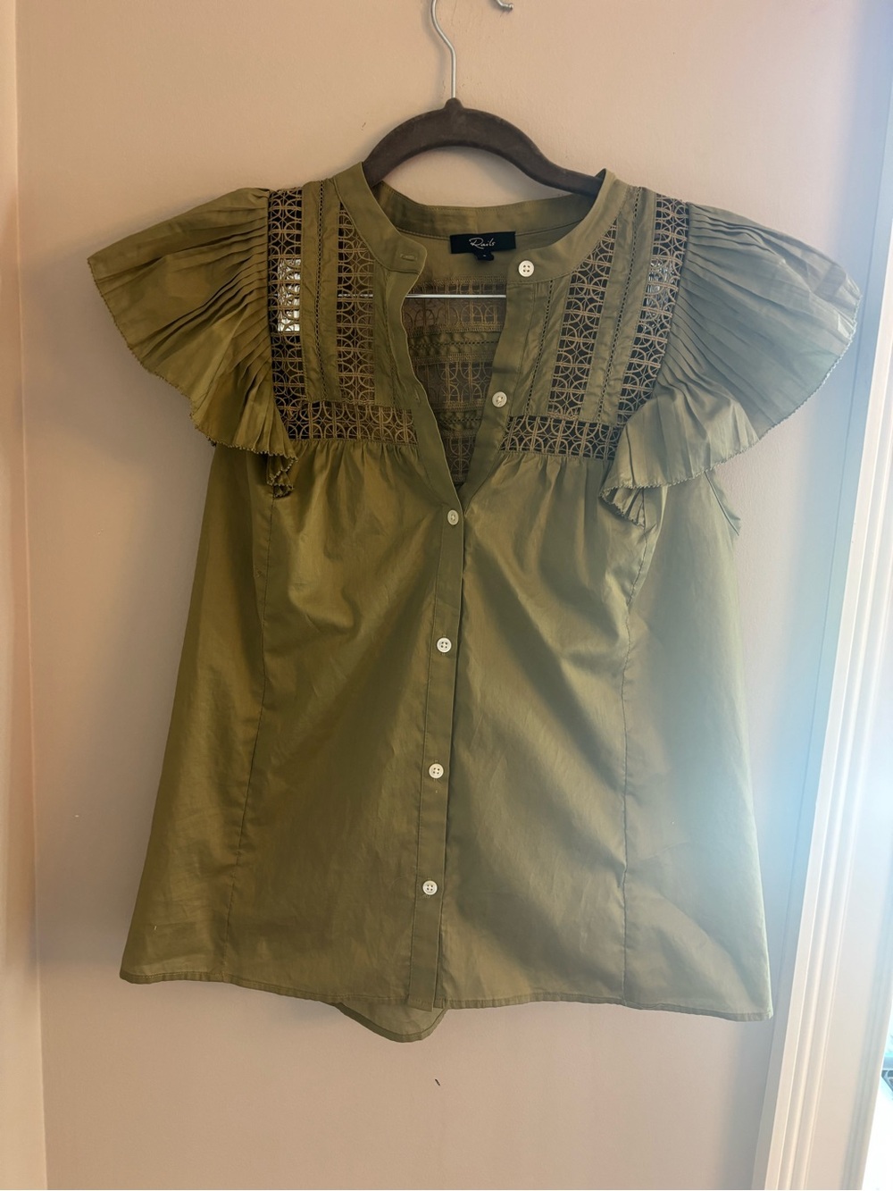 Rails Olive Crochet-Yoke Flutter Sleeve Blouse